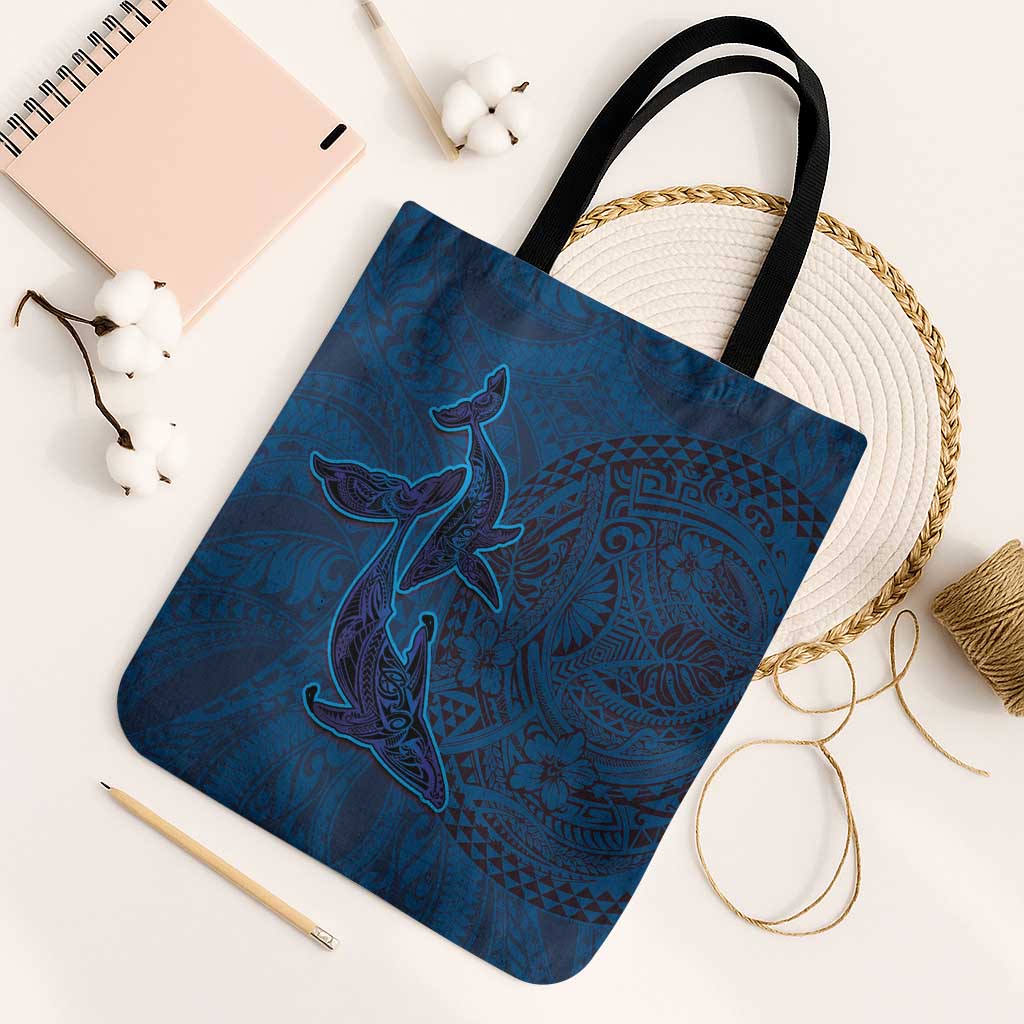 Hawaiian Whales Polynesian Art Motifs Tote Bag Blue Color - Polynesian Pride