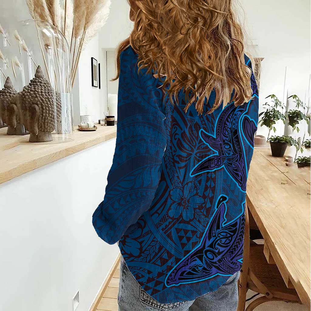 Hawaiian Whales Polynesian Art Motifs Women Casual Shirt Blue Color - Polynesian Pride