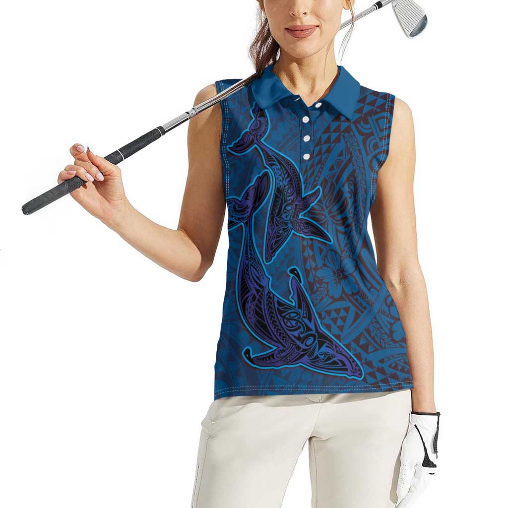 Hawaiian Whales Polynesian Art Motifs Women Sleeveless Polo Shirt Blue Color - Polynesian Pride