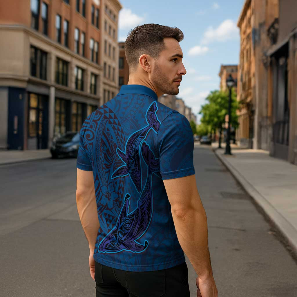 Hawaiian Whales Polynesian Art Motifs Zipper Polo Shirt Blue Color - Polynesian Pride