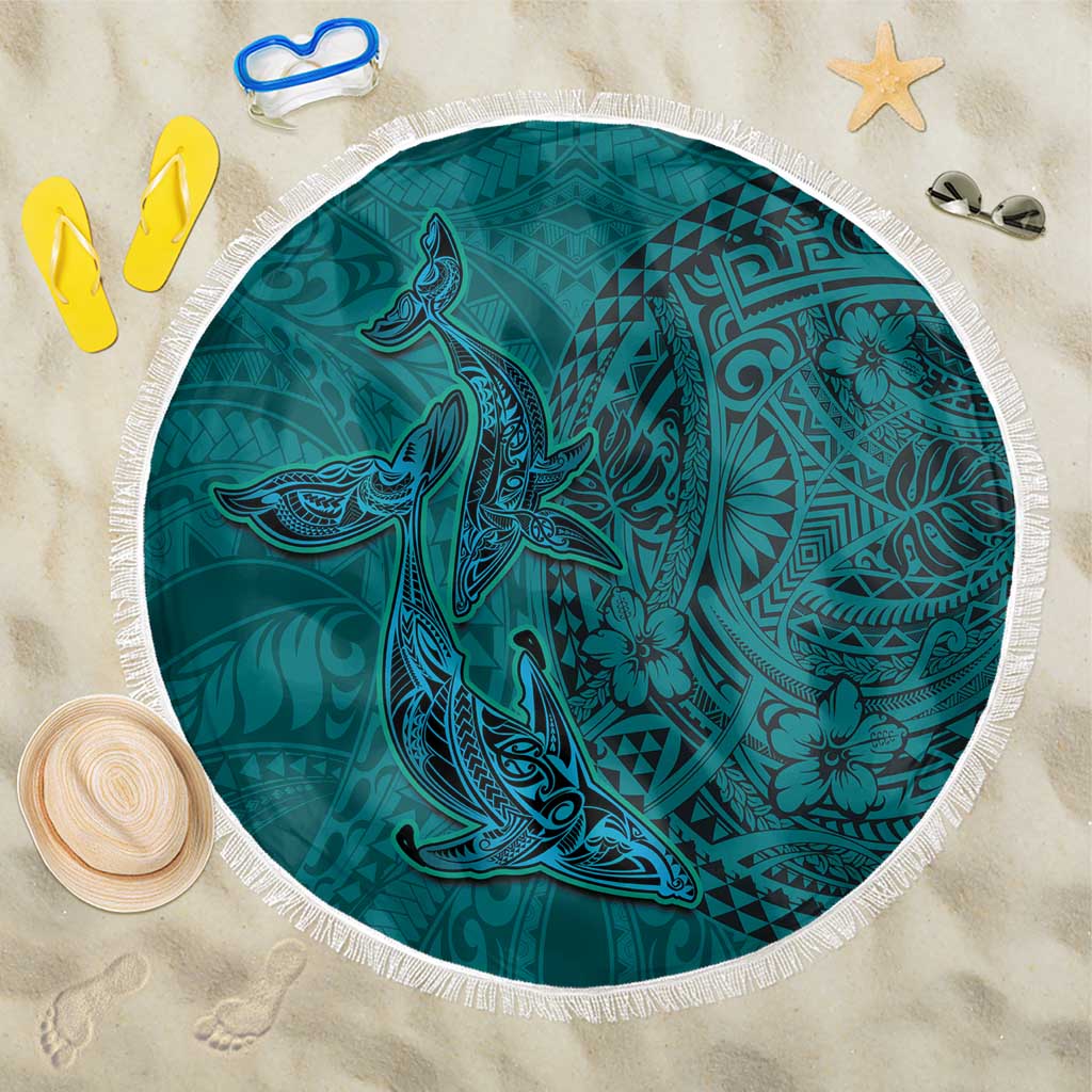 Hawaiian Whales Polynesian Art Motifs Beach Blanket Turquoise Color - Polynesian Pride