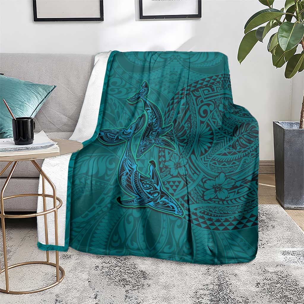 Hawaiian Whales Polynesian Art Motifs Blanket Turquoise Color - Polynesian Pride