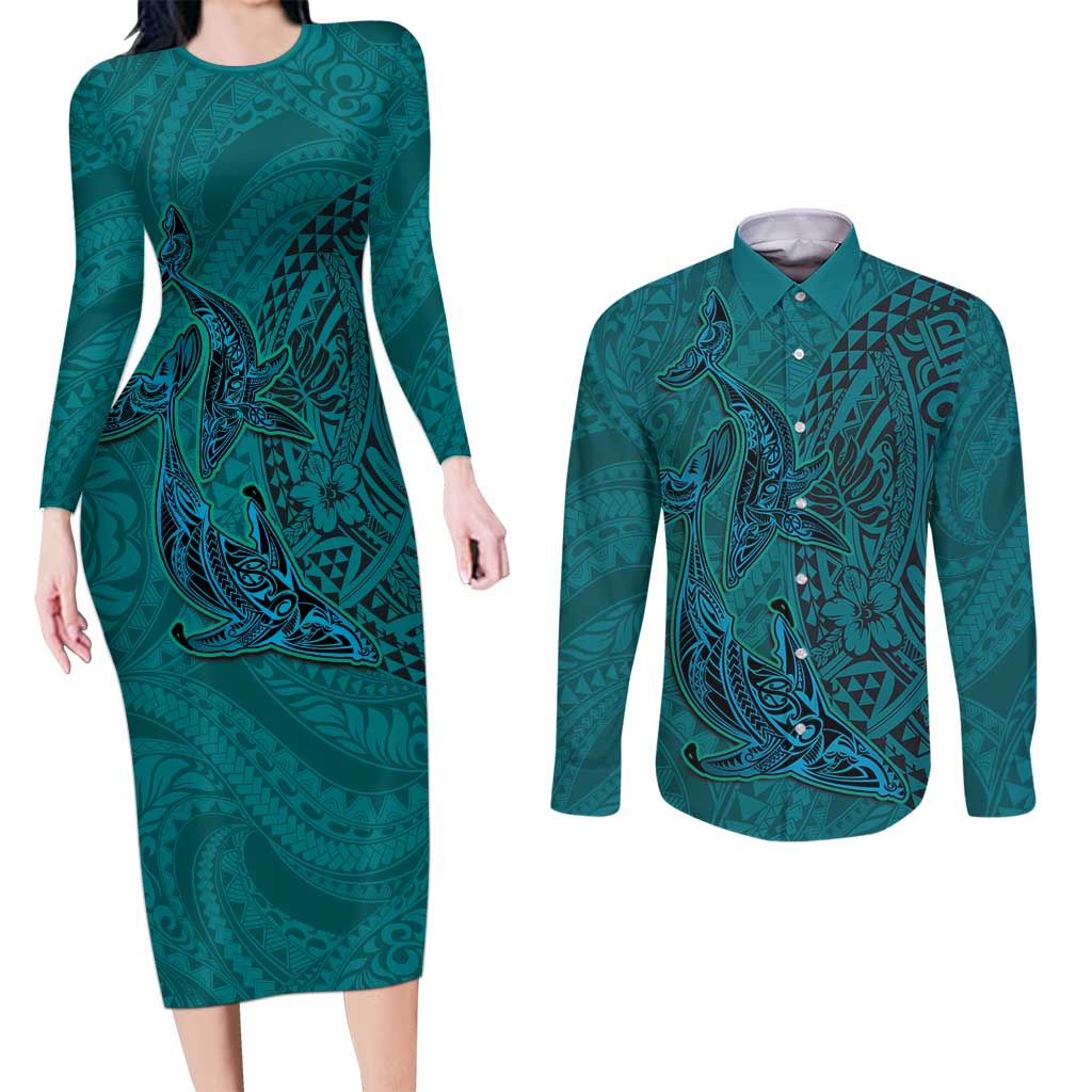 Hawaiian Whales Polynesian Art Motifs Couples Matching Long Sleeve Bodycon Dress and Long Sleeve Button Shirt Turquoise Color LT03 Turquoise - Polynesian Pride