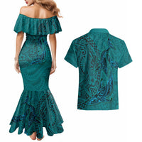 Hawaiian Whales Polynesian Art Motifs Couples Matching Mermaid Dress and Hawaiian Shirt Turquoise Color LT03 - Polynesian Pride