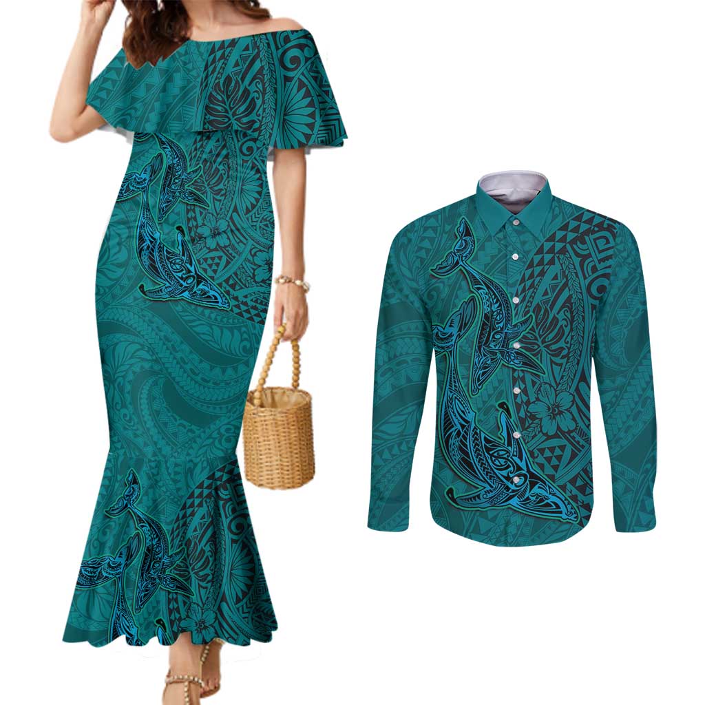 Hawaiian Whales Polynesian Art Motifs Couples Matching Mermaid Dress and Long Sleeve Button Shirt Turquoise Color - Polynesian Pride