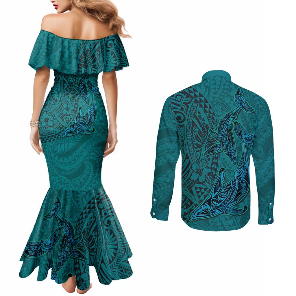 Hawaiian Whales Polynesian Art Motifs Couples Matching Mermaid Dress and Long Sleeve Button Shirt Turquoise Color - Polynesian Pride