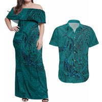 Hawaiian Whales Polynesian Art Motifs Couples Matching Off Shoulder Maxi Dress and Hawaiian Shirt Turquoise Color LT03 Turquoise - Polynesian Pride