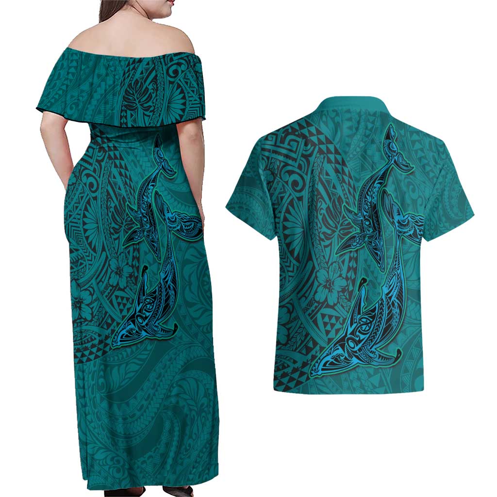 Hawaiian Whales Polynesian Art Motifs Couples Matching Off Shoulder Maxi Dress and Hawaiian Shirt Turquoise Color LT03 - Polynesian Pride