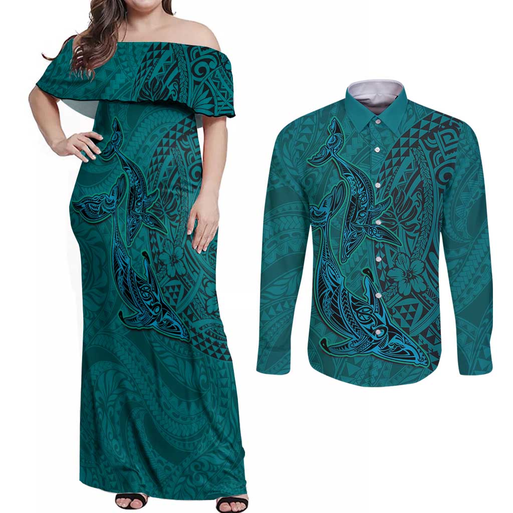 Hawaiian Whales Polynesian Art Motifs Couples Matching Off Shoulder Maxi Dress and Long Sleeve Button Shirt Turquoise Color LT03 Turquoise - Polynesian Pride