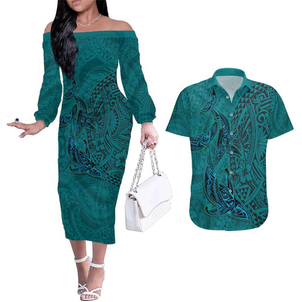 Hawaiian Whales Polynesian Art Motifs Couples Matching Off The Shoulder Long Sleeve Dress and Hawaiian Shirt Turquoise Color LT03 Turquoise - Polynesian Pride