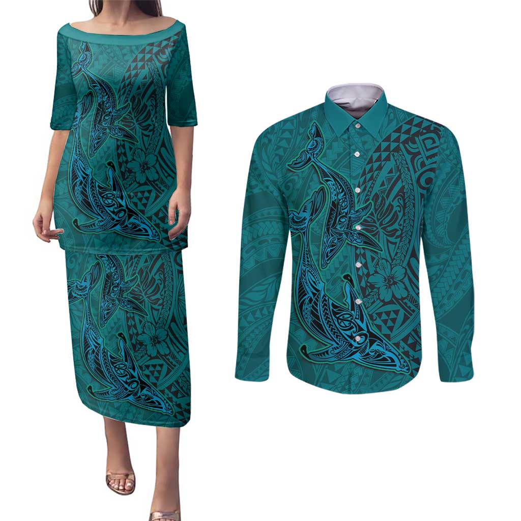 Hawaiian Whales Polynesian Art Motifs Couples Matching Puletasi and Long Sleeve Button Shirt Turquoise Color - Polynesian Pride