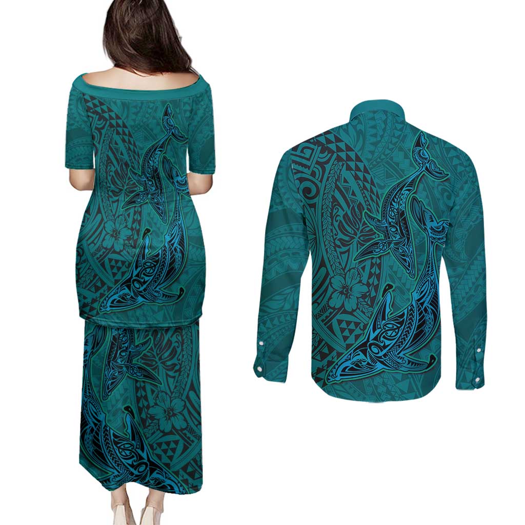 Hawaiian Whales Polynesian Art Motifs Couples Matching Puletasi and Long Sleeve Button Shirt Turquoise Color - Polynesian Pride
