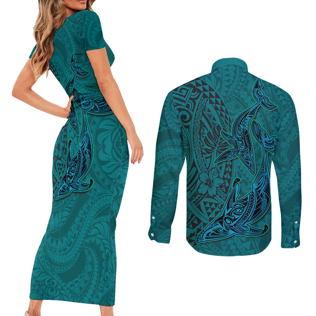 Hawaiian Whales Polynesian Art Motifs Couples Matching Short Sleeve Bodycon Dress and Long Sleeve Button Shirt Turquoise Color LT03 - Polynesian Pride