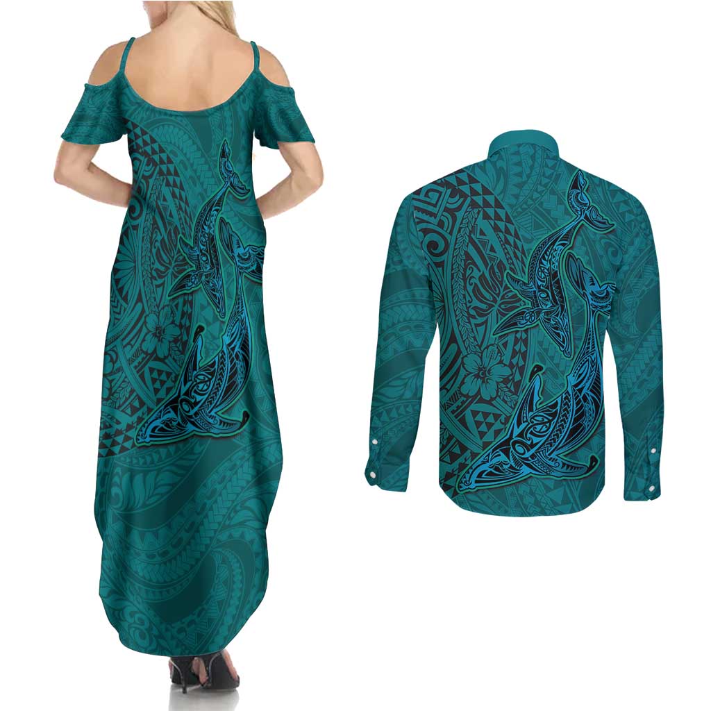 Hawaiian Whales Polynesian Art Motifs Couples Matching Summer Maxi Dress and Long Sleeve Button Shirt Turquoise Color - Polynesian Pride