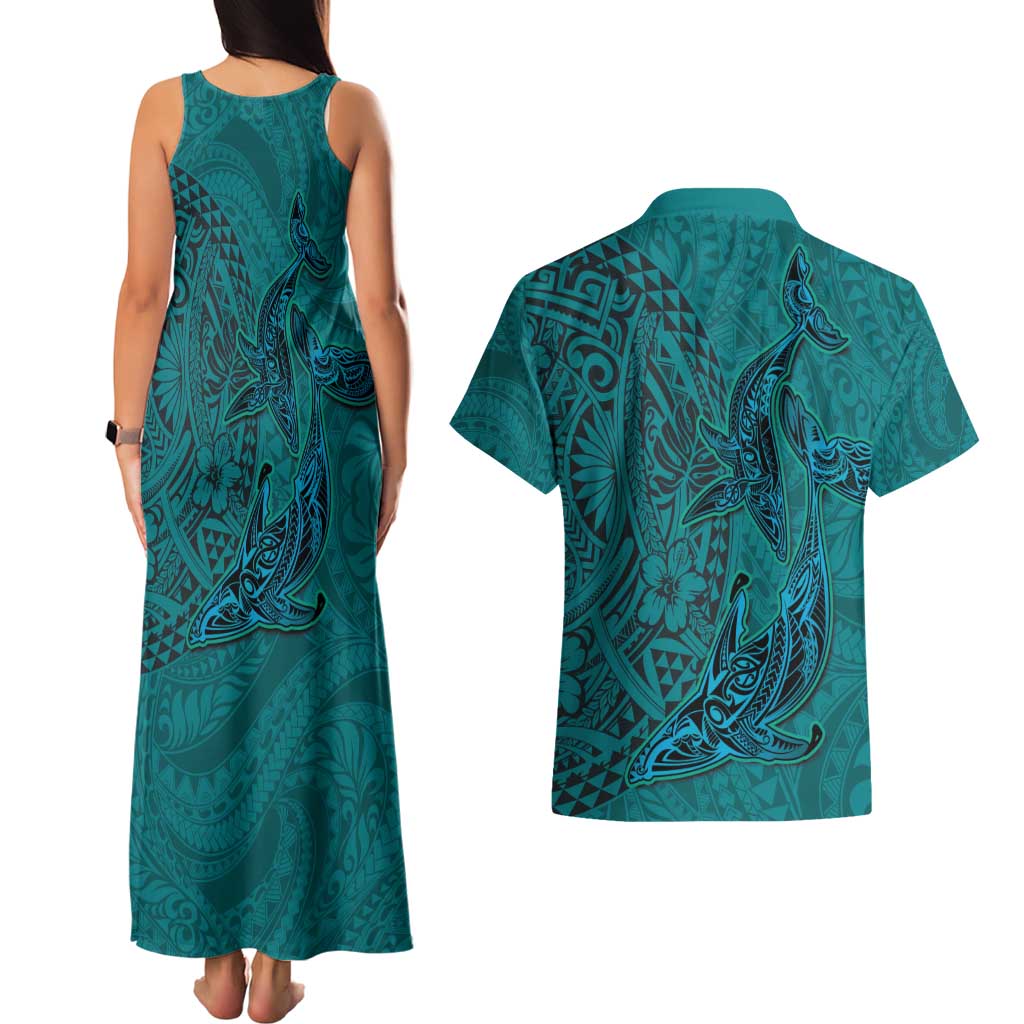 Hawaiian Whales Polynesian Art Motifs Couples Matching Tank Maxi Dress and Hawaiian Shirt Turquoise Color LT03 - Polynesian Pride