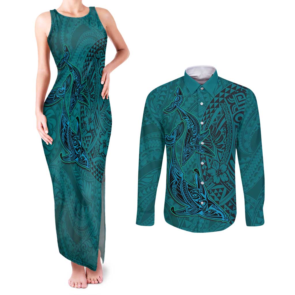 Hawaiian Whales Polynesian Art Motifs Couples Matching Tank Maxi Dress and Long Sleeve Button Shirt Turquoise Color - Polynesian Pride