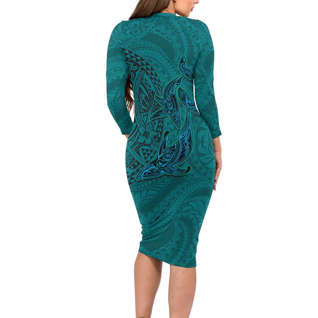 Hawaiian Whales Polynesian Art Motifs Family Matching Long Sleeve Bodycon Dress and Hawaiian Shirt Turquoise Color LT03 - Polynesian Pride