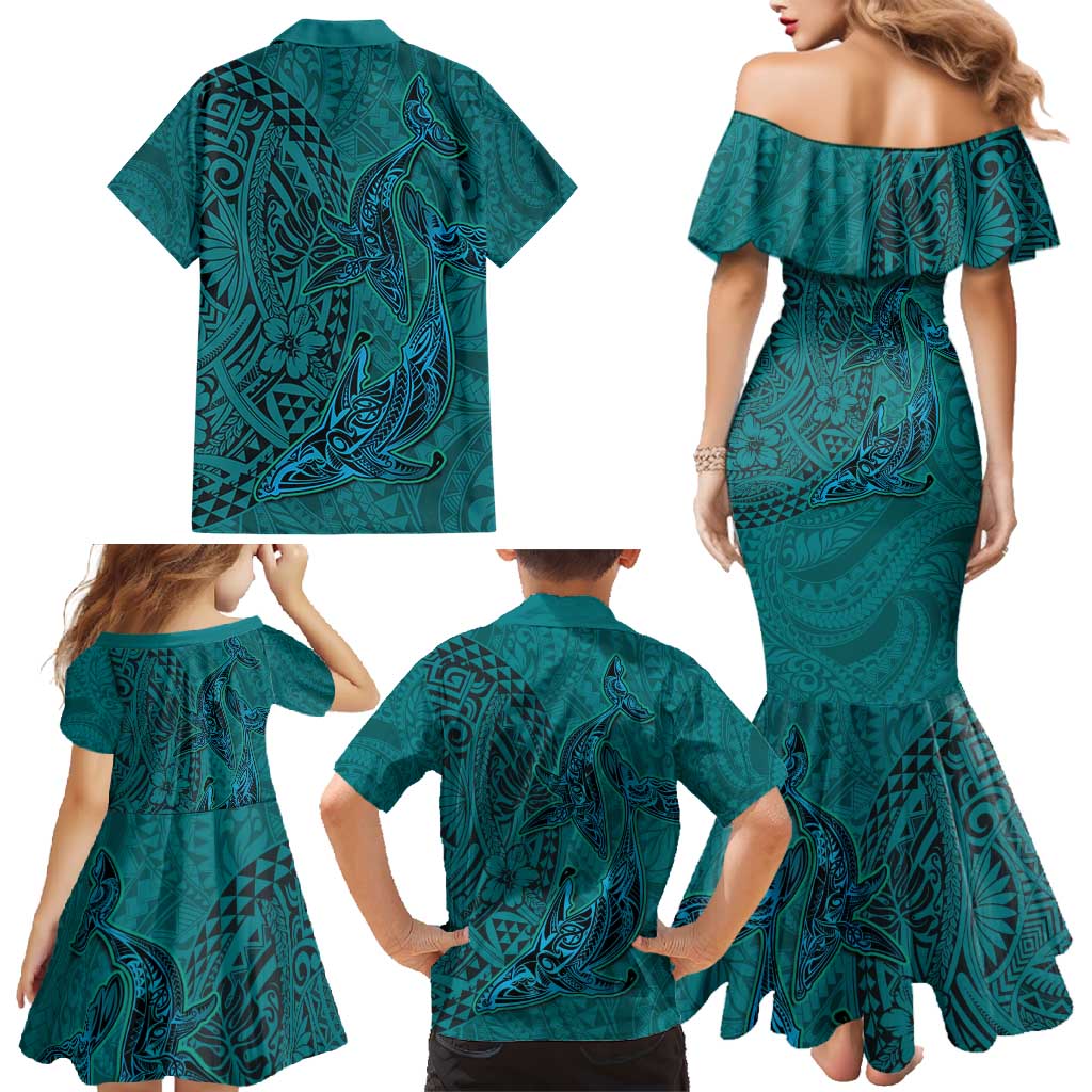 Hawaiian Whales Polynesian Art Motifs Family Matching Mermaid Dress and Hawaiian Shirt Turquoise Color LT03 - Polynesian Pride