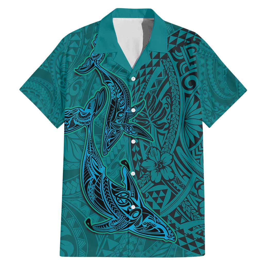 Hawaiian Whales Polynesian Art Motifs Family Matching Mermaid Dress and Hawaiian Shirt Turquoise Color LT03 Dad's Shirt - Short Sleeve Turquoise - Polynesian Pride