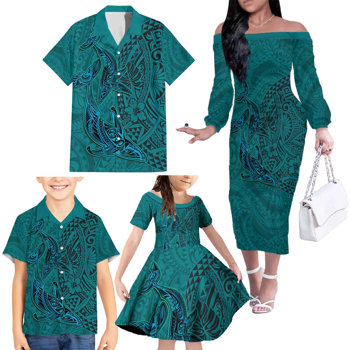 Hawaiian Whales Polynesian Art Motifs Family Matching Off The Shoulder Long Sleeve Dress and Hawaiian Shirt Turquoise Color LT03 - Polynesian Pride