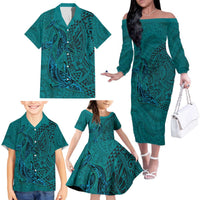 Hawaiian Whales Polynesian Art Motifs Family Matching Off The Shoulder Long Sleeve Dress and Hawaiian Shirt Turquoise Color LT03 - Polynesian Pride