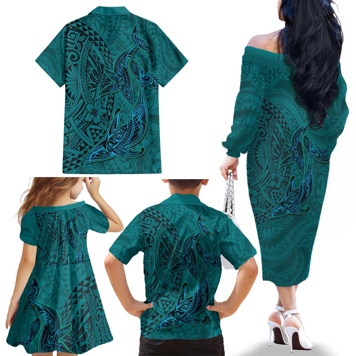 Hawaiian Whales Polynesian Art Motifs Family Matching Off The Shoulder Long Sleeve Dress and Hawaiian Shirt Turquoise Color LT03 - Polynesian Pride