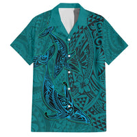 Hawaiian Whales Polynesian Art Motifs Family Matching Off The Shoulder Long Sleeve Dress and Hawaiian Shirt Turquoise Color LT03 Dad's Shirt - Short Sleeve Turquoise - Polynesian Pride