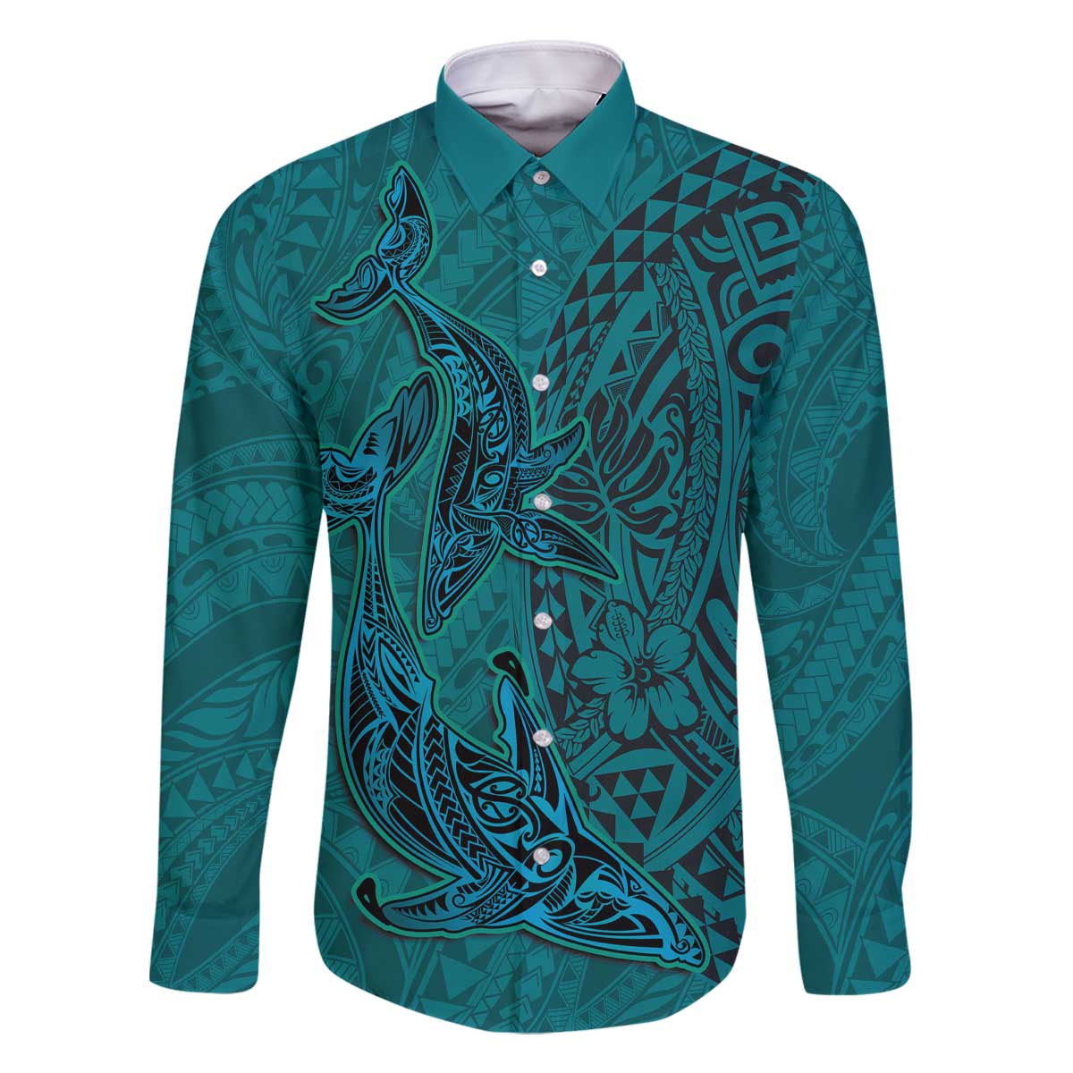 Hawaiian Whales Polynesian Art Motifs Family Matching Off The Shoulder Long Sleeve Dress and Hawaiian Shirt Turquoise Color LT03 Dad's Shirt - Long Sleeve Turquoise - Polynesian Pride