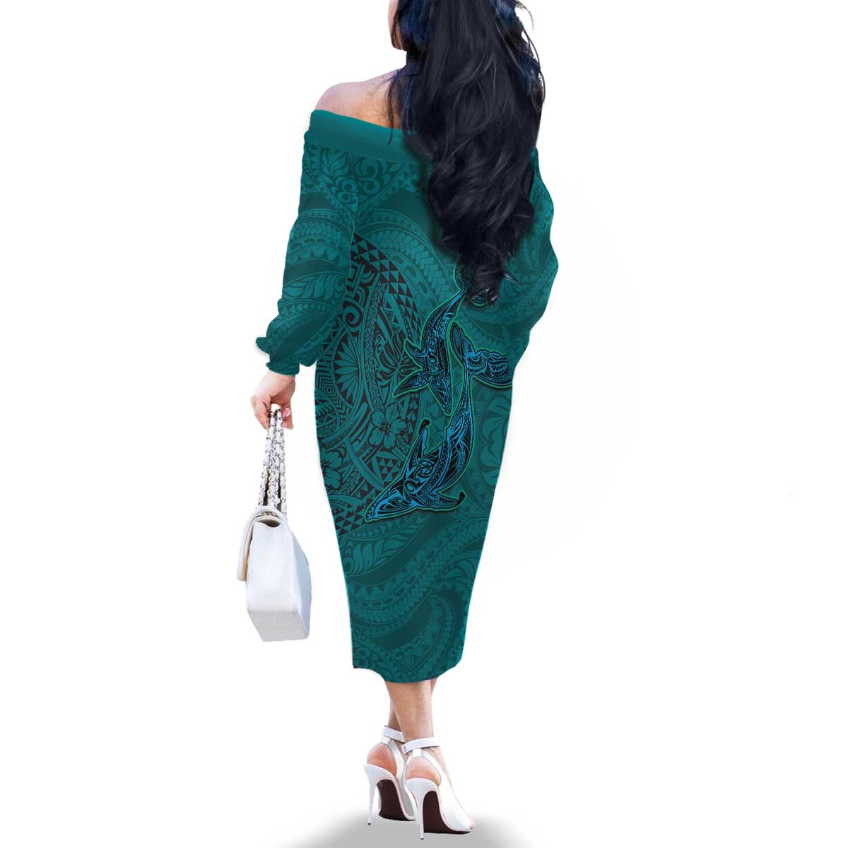 Hawaiian Whales Polynesian Art Motifs Family Matching Off The Shoulder Long Sleeve Dress and Hawaiian Shirt Turquoise Color LT03 - Polynesian Pride