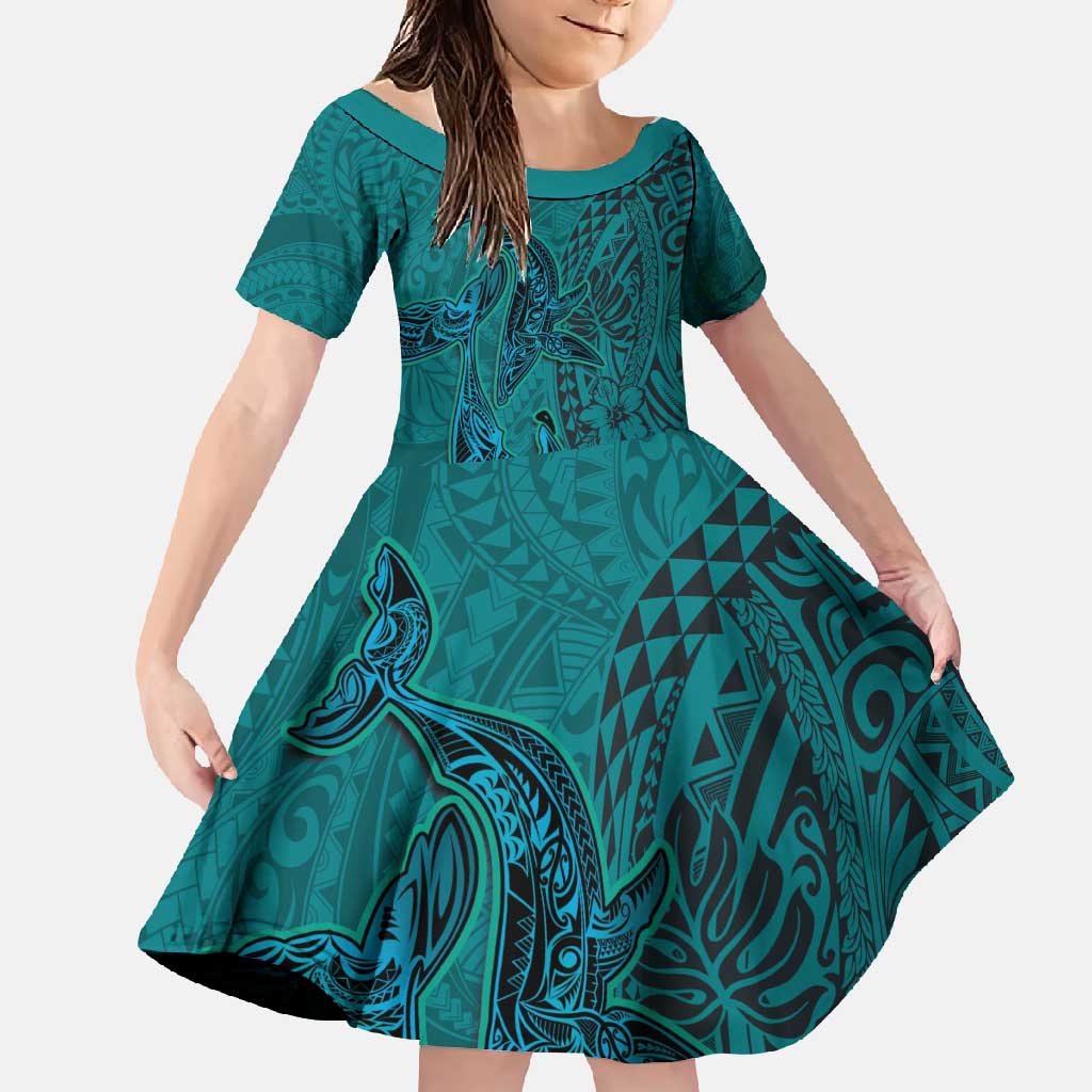 Hawaiian Whales Polynesian Art Motifs Family Matching Off Shoulder Maxi Dress and Hawaiian Shirt Turquoise Color LT03 Daughter's Dress Turquoise - Polynesian Pride