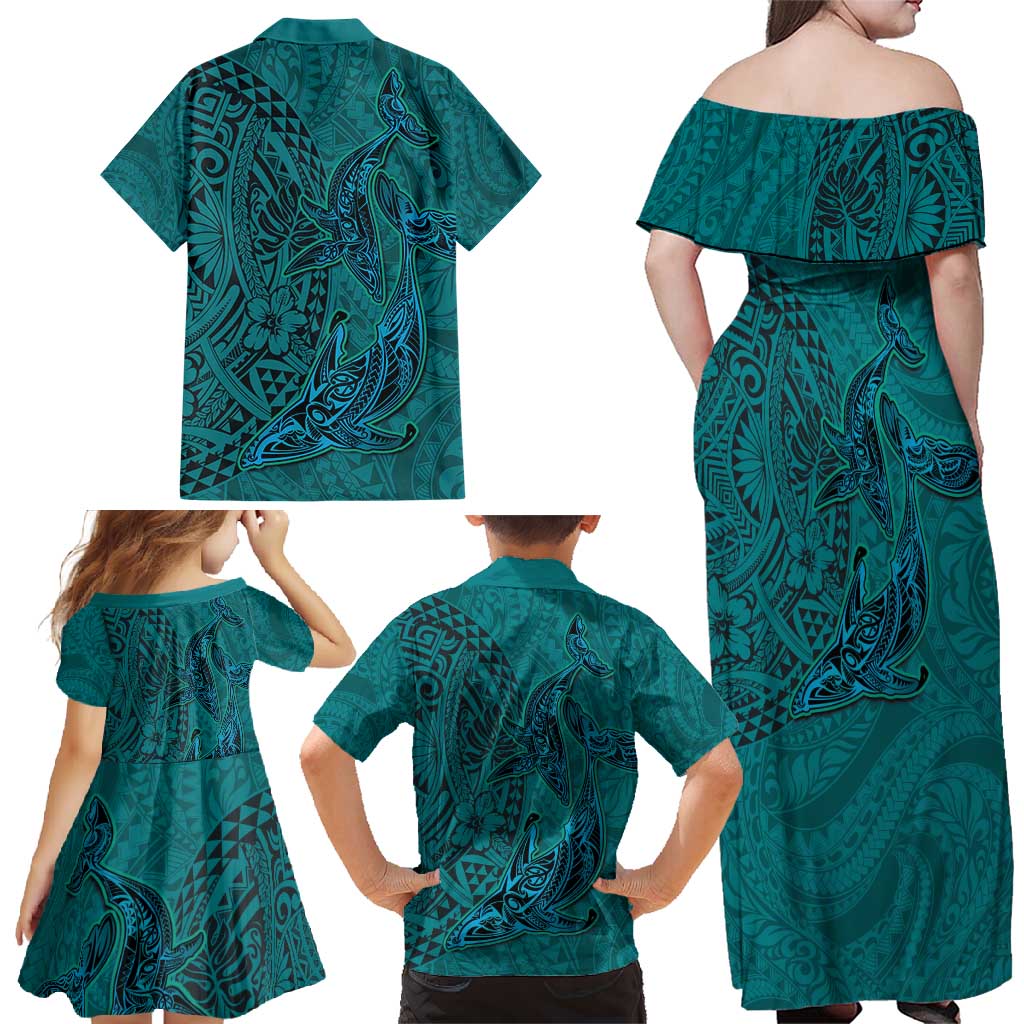 Hawaiian Whales Polynesian Art Motifs Family Matching Off Shoulder Maxi Dress and Hawaiian Shirt Turquoise Color LT03 - Polynesian Pride
