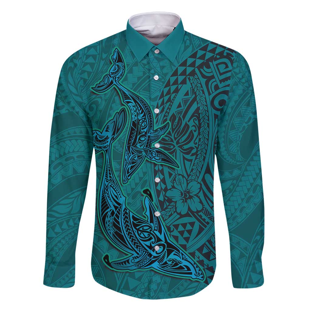 Hawaiian Whales Polynesian Art Motifs Family Matching Off Shoulder Maxi Dress and Hawaiian Shirt Turquoise Color LT03 Dad's Shirt - Long Sleeve Turquoise - Polynesian Pride