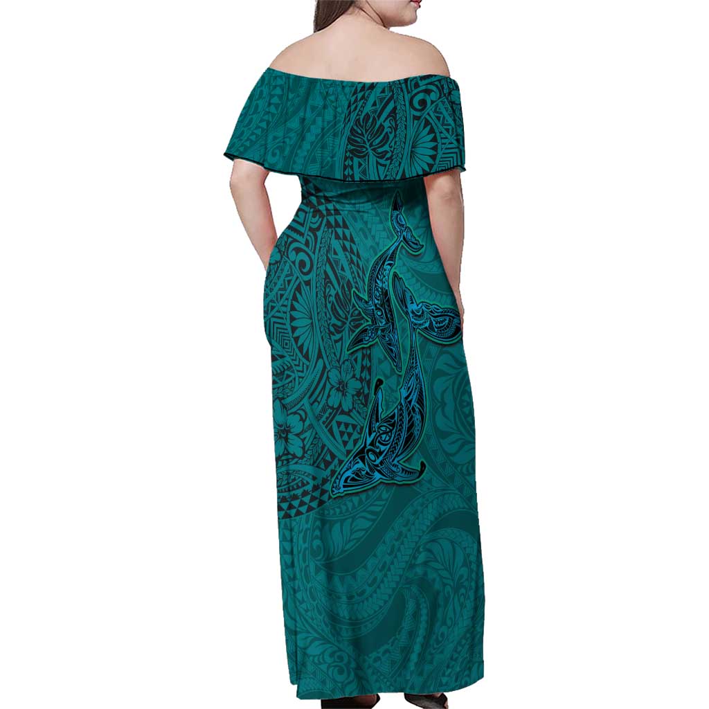 Hawaiian Whales Polynesian Art Motifs Family Matching Off Shoulder Maxi Dress and Hawaiian Shirt Turquoise Color LT03 - Polynesian Pride
