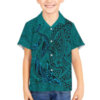 Hawaiian Whales Polynesian Art Motifs Family Matching Off Shoulder Maxi Dress and Hawaiian Shirt Turquoise Color LT03 Son's Shirt Turquoise - Polynesian Pride
