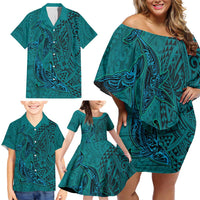 Hawaiian Whales Polynesian Art Motifs Family Matching Off Shoulder Short Dress and Hawaiian Shirt Turquoise Color LT03 - Polynesian Pride