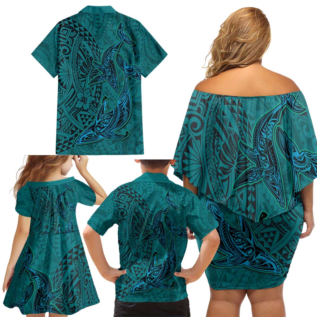 Hawaiian Whales Polynesian Art Motifs Family Matching Off Shoulder Short Dress and Hawaiian Shirt Turquoise Color LT03 - Polynesian Pride