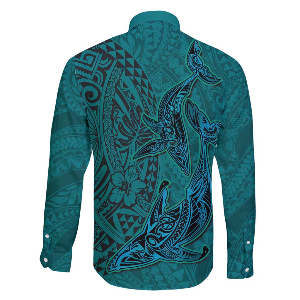 Hawaiian Whales Polynesian Art Motifs Family Matching Off Shoulder Short Dress and Hawaiian Shirt Turquoise Color LT03 - Polynesian Pride