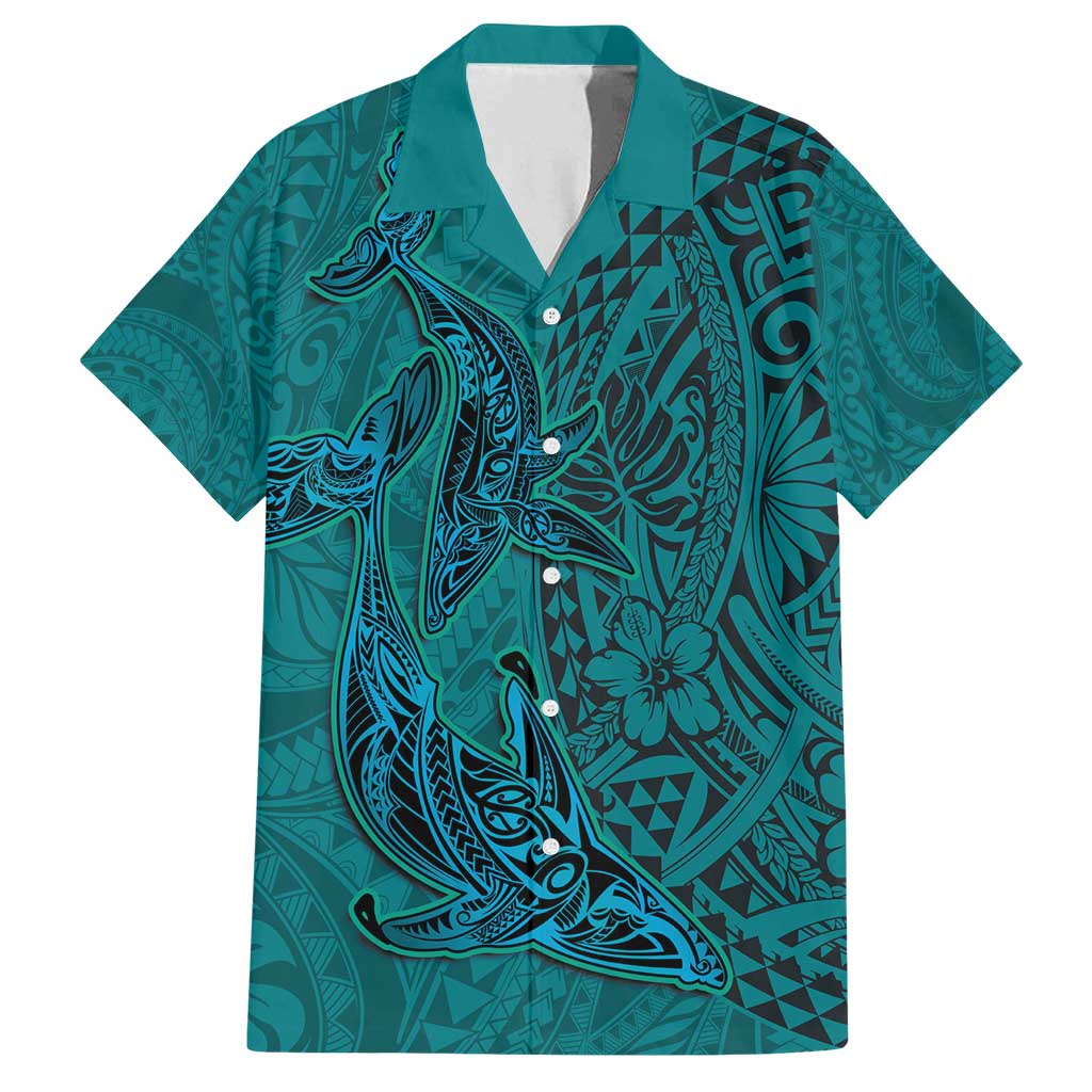 Hawaiian Whales Polynesian Art Motifs Family Matching Puletasi and Hawaiian Shirt Turquoise Color LT03 Dad's Shirt - Short Sleeve Turquoise - Polynesian Pride