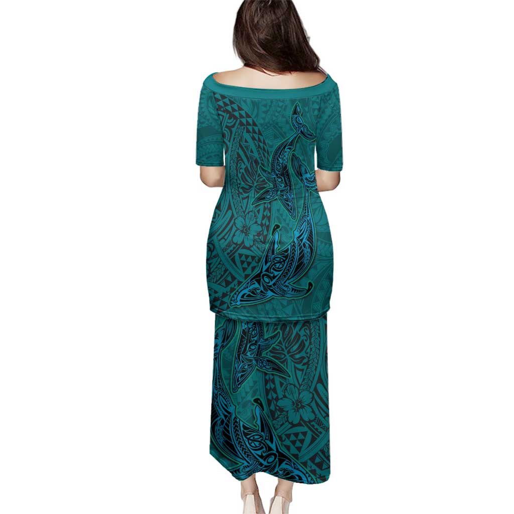 Hawaiian Whales Polynesian Art Motifs Family Matching Puletasi and Hawaiian Shirt Turquoise Color LT03 - Polynesian Pride