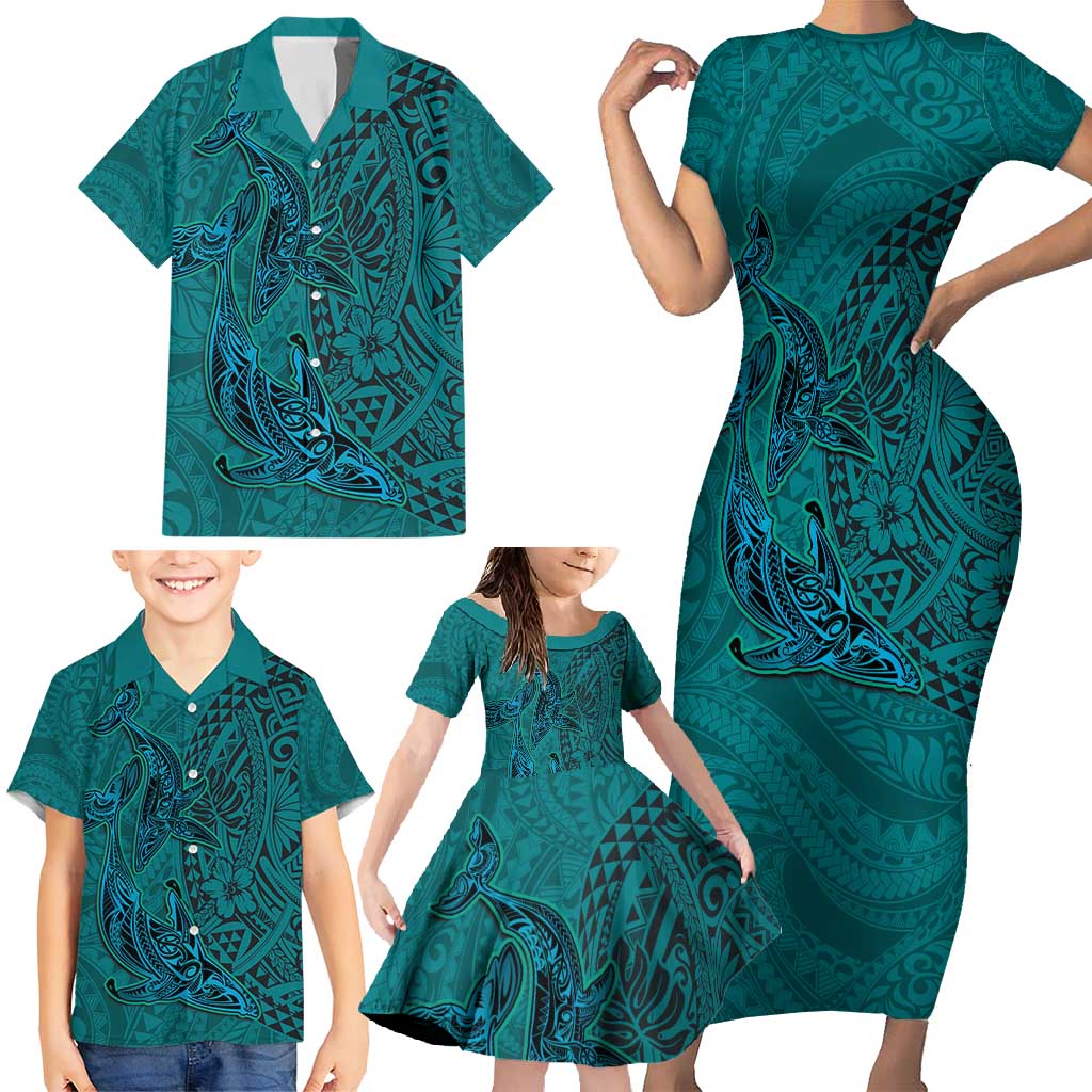 Hawaiian Whales Polynesian Art Motifs Family Matching Short Sleeve Bodycon Dress and Hawaiian Shirt Turquoise Color LT03 - Polynesian Pride