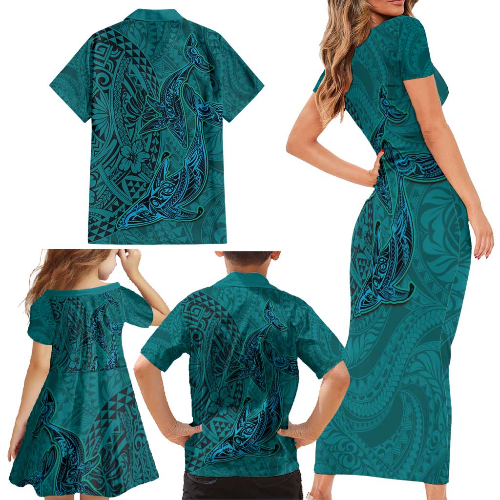 Hawaiian Whales Polynesian Art Motifs Family Matching Short Sleeve Bodycon Dress and Hawaiian Shirt Turquoise Color LT03 - Polynesian Pride