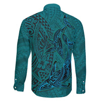 Hawaiian Whales Polynesian Art Motifs Family Matching Short Sleeve Bodycon Dress and Hawaiian Shirt Turquoise Color LT03 - Polynesian Pride