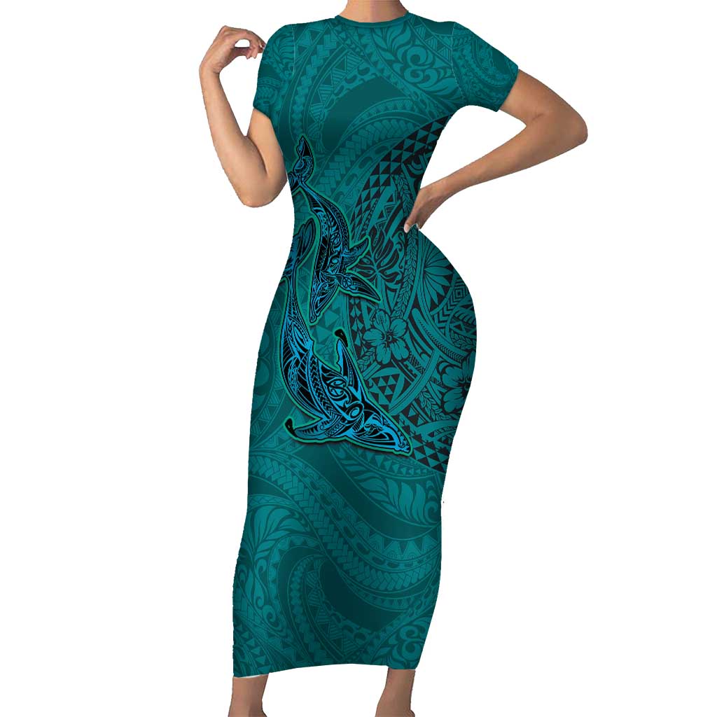 Hawaiian Whales Polynesian Art Motifs Family Matching Short Sleeve Bodycon Dress and Hawaiian Shirt Turquoise Color LT03 Mom's Dress Turquoise - Polynesian Pride