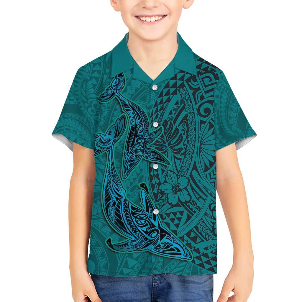 Hawaiian Whales Polynesian Art Motifs Family Matching Short Sleeve Bodycon Dress and Hawaiian Shirt Turquoise Color LT03 Son's Shirt Turquoise - Polynesian Pride