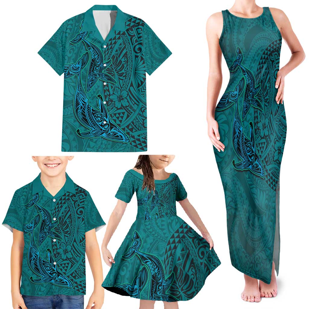 Hawaiian Whales Polynesian Art Motifs Family Matching Tank Maxi Dress and Hawaiian Shirt Turquoise Color LT03 - Polynesian Pride