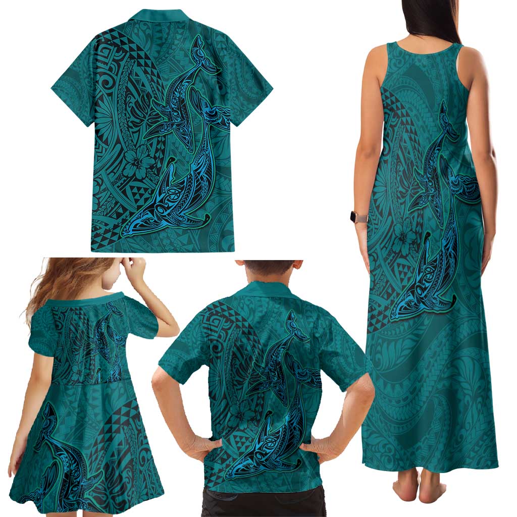 Hawaiian Whales Polynesian Art Motifs Family Matching Tank Maxi Dress and Hawaiian Shirt Turquoise Color LT03 - Polynesian Pride