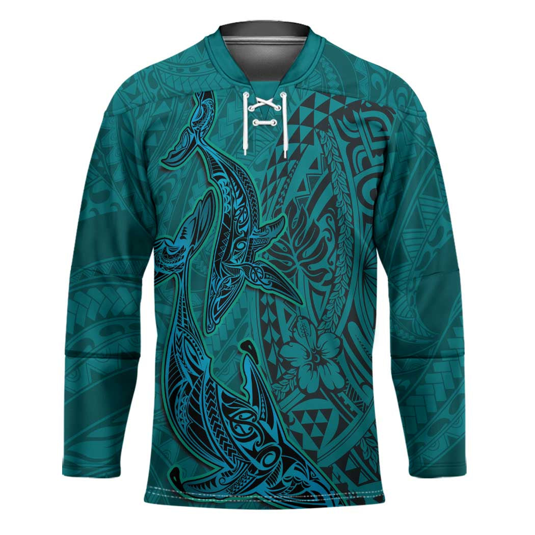 Hawaiian Whales Polynesian Art Motifs Hockey Jersey Turquoise Color - Polynesian Pride