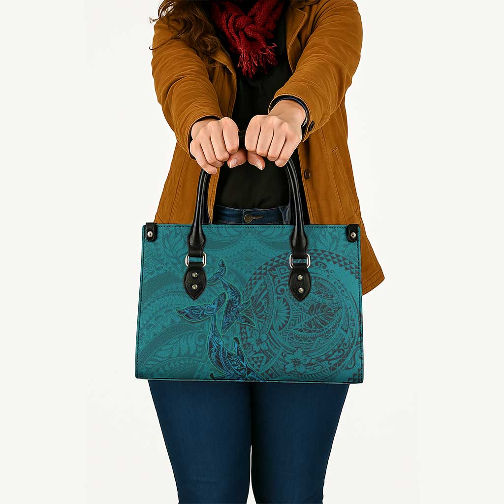 Hawaiian Whales Polynesian Art Motifs Leather Bag Turquoise Color - Polynesian Pride
