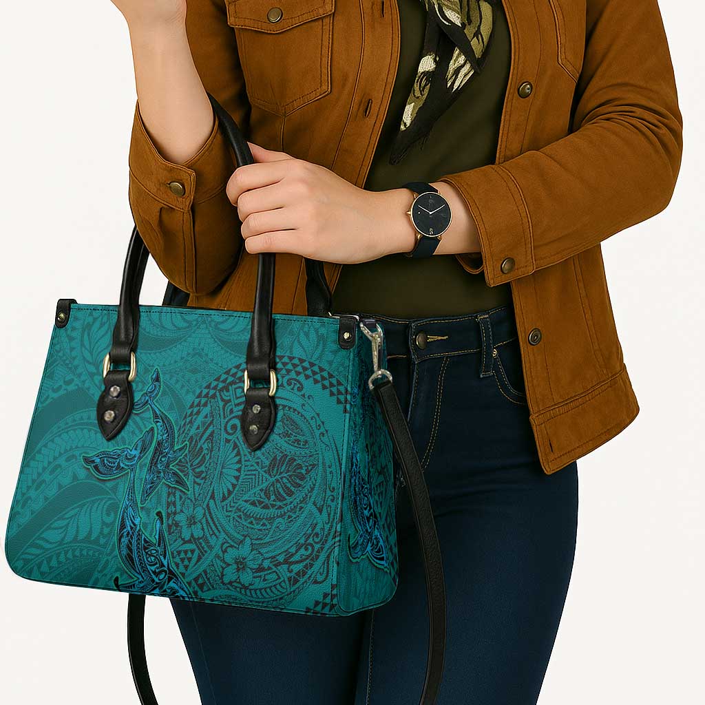 Hawaiian Whales Polynesian Art Motifs Leather Bag Turquoise Color - Polynesian Pride