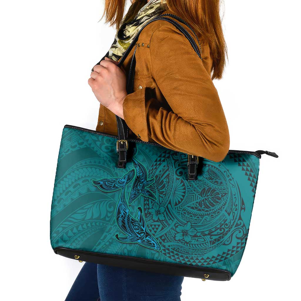 Hawaiian Whales Polynesian Art Motifs Leather Tote Bag Turquoise Color LT03 Turquoise - Polynesian Pride